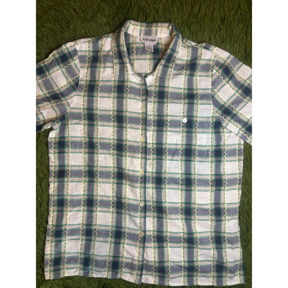 Alfred Dunner Shirt Women 14 Green Plaid Button Up Short Sleeve Textured Stripe